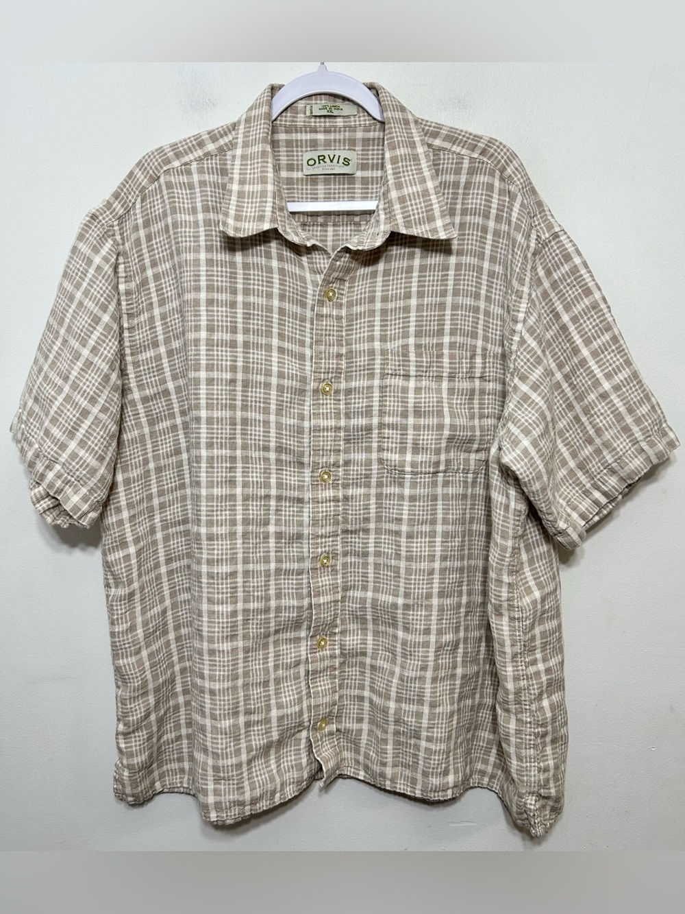 Orvis 100% Linen Plaid Button Up Shirt Short Sleeve Mens Size XXL